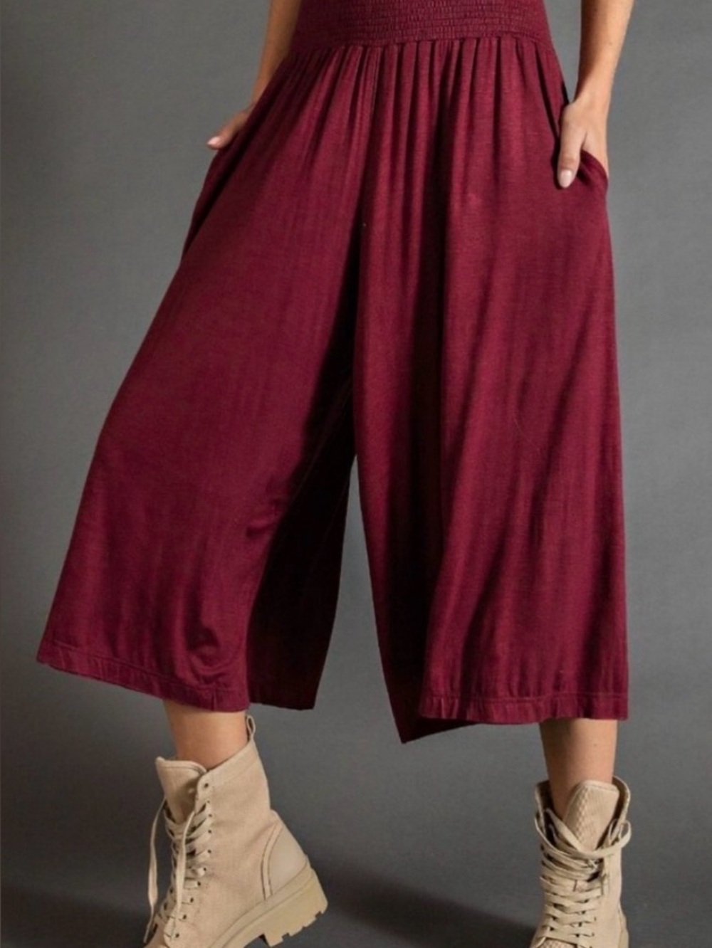 Wide-Leg Smocked Waist Cropped Pants in Burgundy